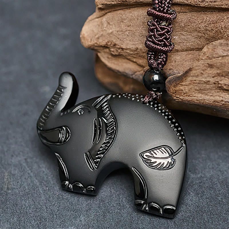 Collana con ciondolo in ossidiana nera con simbolo dell'elefante Buddha Stones intagliate - image 3