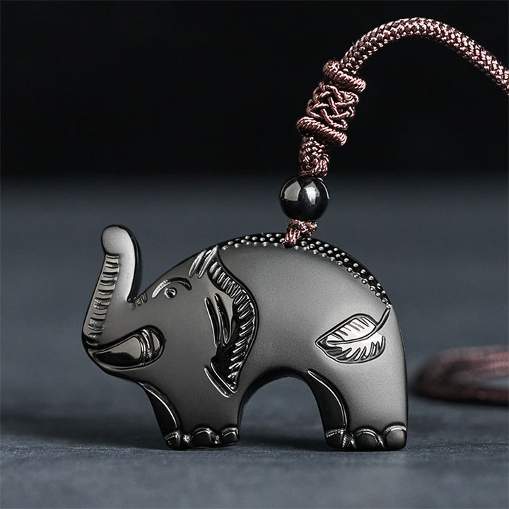Collana con ciondolo in ossidiana nera con simbolo dell'elefante Buddha Stones intagliate - Ossidiana nera (dimensioni del pendente: 29*42 mm) - image 0