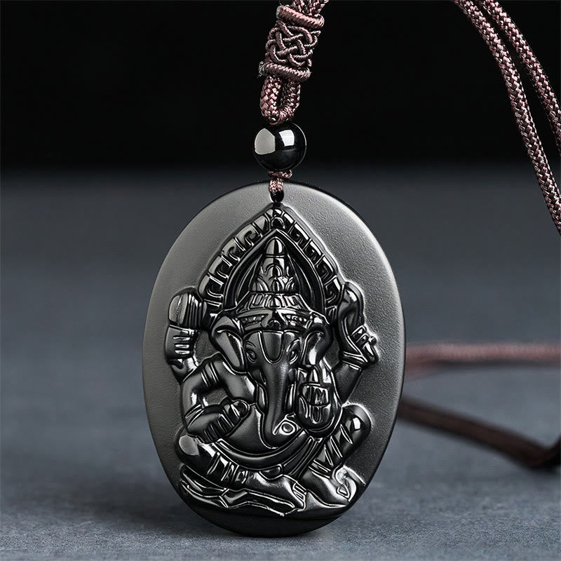 Collana con ciondolo in ossidiana nera naturale con design in rilievo di elefante Buddha Stones - Ossidiana nera (dimensioni del pendente: 53*39 mm) - image 0