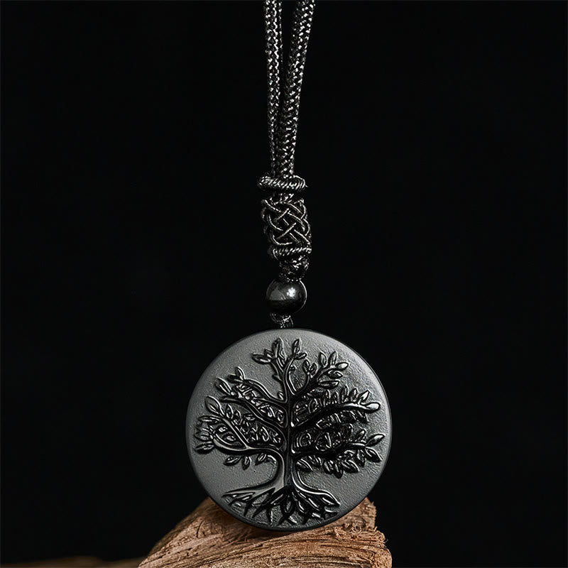 Collana con ciondolo in ossidiana nera con motivo naturale dell'albero della vita Buddha Stones - image 2