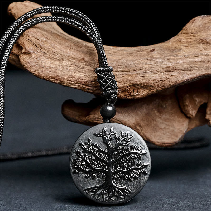 Collana con ciondolo in ossidiana nera con motivo naturale dell'albero della vita Buddha Stones - image 1