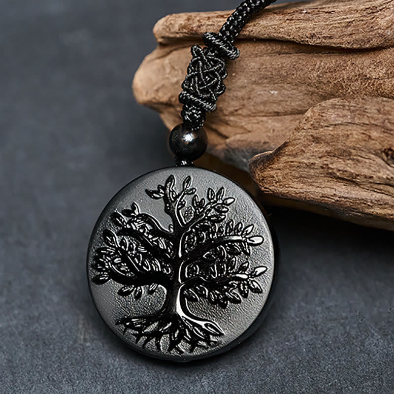 Collana con ciondolo in ossidiana nera con motivo naturale dell'albero della vita Buddha Stones - image 3