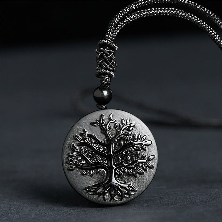 Collana con ciondolo in ossidiana nera con motivo naturale dell'albero della vita Buddha Stones - Ossidiana nera (Dimensioni del ciondolo: circa 30 mm) - image 0