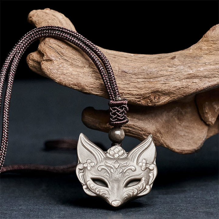 Collana con ciondolo in ossidiana di ghiaccio e ossidiana lucida color argento con design a forma di volpe Buddha Stones in rilievo - image 2