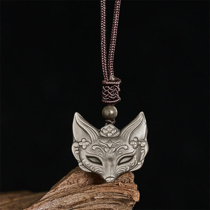 Collana con ciondolo in ossidiana di ghiaccio e ossidiana lucida color argento con design a forma di volpe Buddha Stones in rilievo - image 4
