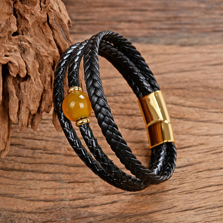 Bracciale in pelle intrecciata con perline multicolori, ametista e lazurite, con sei vere parole, Buddha Stones - Agata gialla - 18-22 cm - image 25