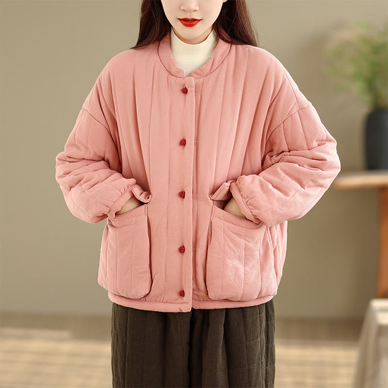 Giacca da donna in cotone spesso con maniche lunghe, tasche e bottoni a forma di rana, motivo a righe , Buddha Stones - image 1