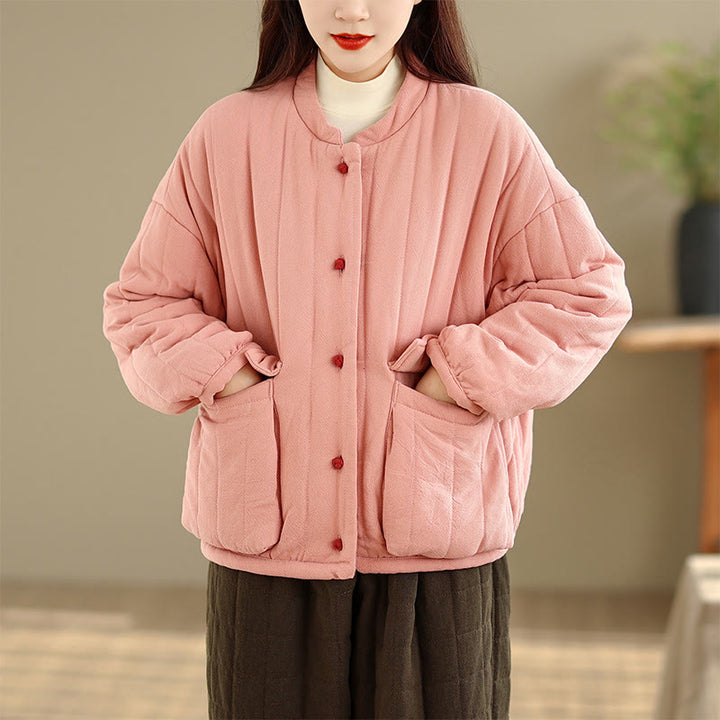 Giacca da donna in cotone spesso con maniche lunghe, tasche e bottoni a forma di rana, motivo a righe , Buddha Stones - image 1