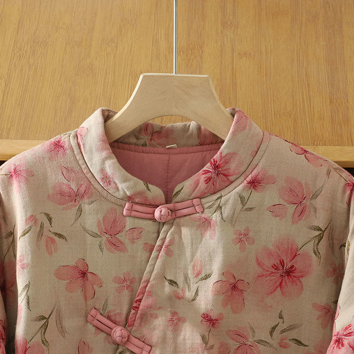 Cappotto da donna con maniche lunghe e collo rotondo, motivo floreale con bottoni a rana Buddha Stones  - image 2