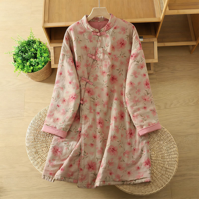Cappotto da donna con maniche lunghe e collo rotondo, motivo floreale con bottoni a rana Buddha Stones  - Rosa - US14, UK/AU18, EU46 (2XL) - image 0