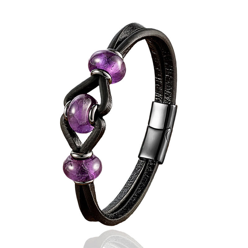 Braccialetto rotondo in pelle doppia con pietre di cristallo di ametista Buddha Stones, allevia lo stress - image 1