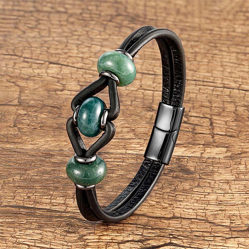 Braccialetto rotondo in pelle doppia con pietre di cristallo di ametista Buddha Stones, allevia lo stress - Agata muschiata - 18-22 cm - image 13