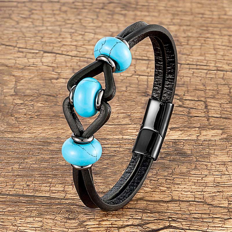 Braccialetto rotondo in pelle doppia con pietre di cristallo di ametista Buddha Stones, allevia lo stress - Turchese - 18-22 cm - image 4