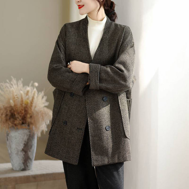 Cappotto da donna in cotone con maniche lunghe, scollo a V e strisce Buddha Stones con tasche - image 13