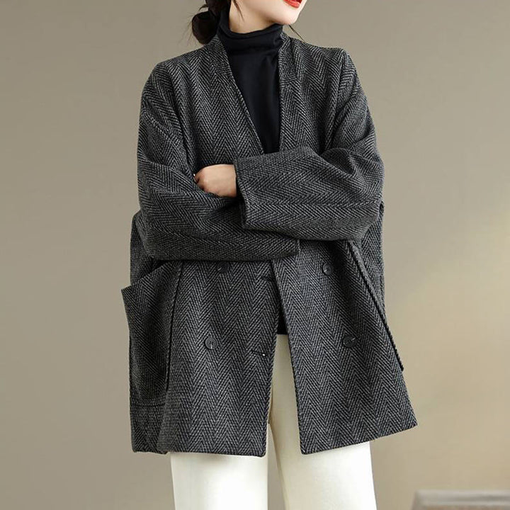 Cappotto da donna in cotone con maniche lunghe, scollo a V e strisce Buddha Stones con tasche - image 3