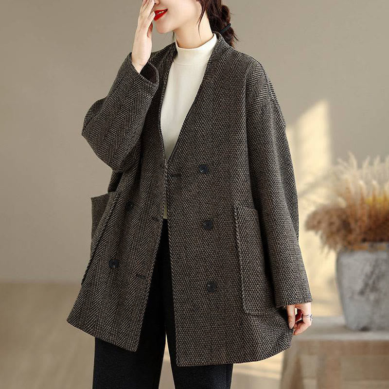 Cappotto da donna in cotone con maniche lunghe, scollo a V e strisce Buddha Stones con tasche - Marrone sella - US14, UK/AU18, EU46 (2XL) - image 10