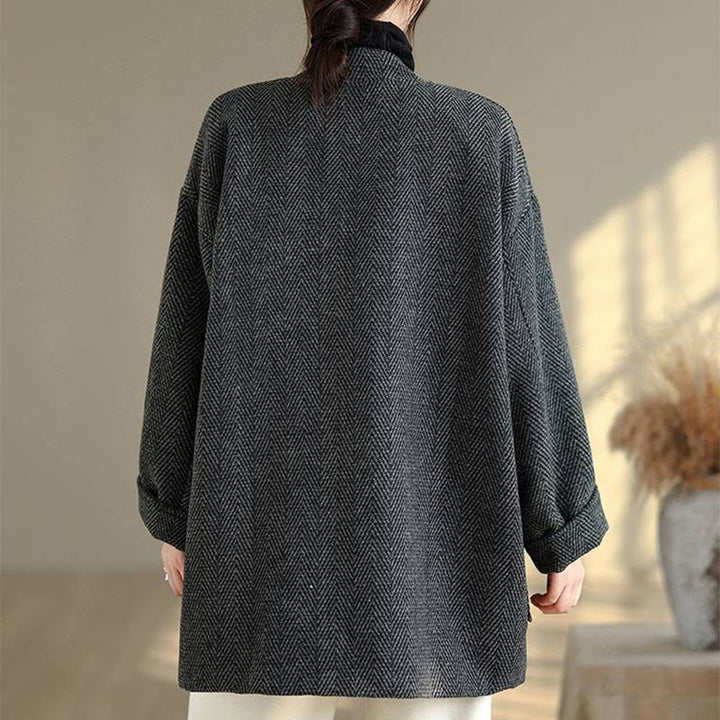 Cappotto da donna in cotone con maniche lunghe, scollo a V e strisce Buddha Stones con tasche - image 4