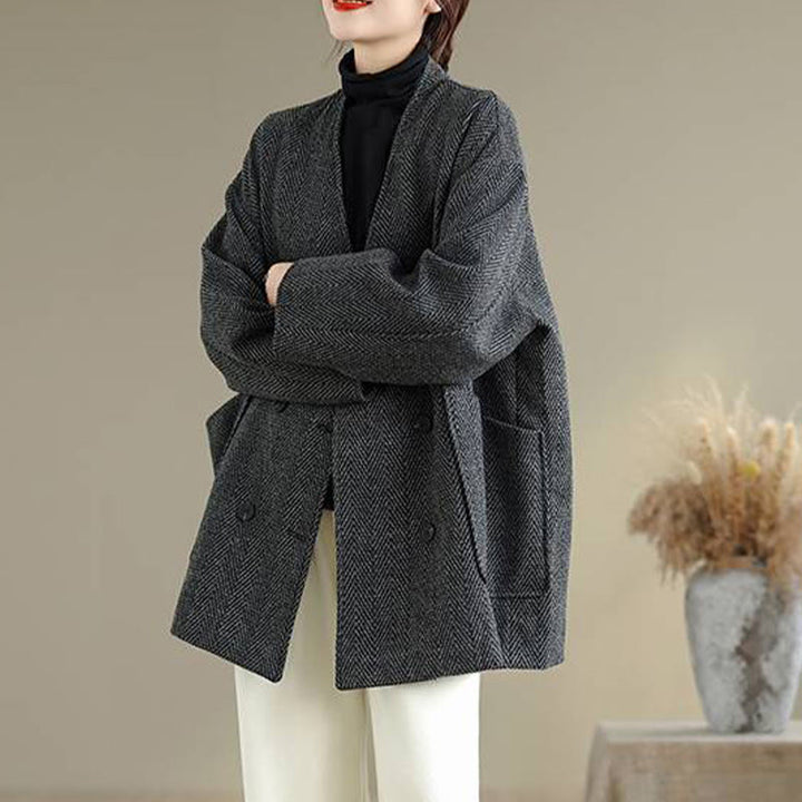 Cappotto da donna in cotone con maniche lunghe, scollo a V e strisce Buddha Stones con tasche - image 2