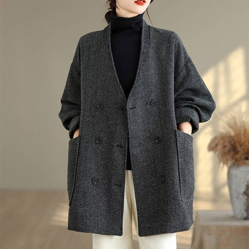 Cappotto da donna in cotone con maniche lunghe, scollo a V e strisce Buddha Stones con tasche - image 1