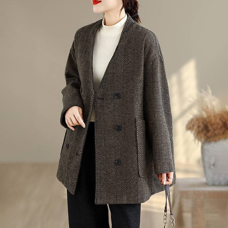 Cappotto da donna in cotone con maniche lunghe, scollo a V e strisce Buddha Stones con tasche - image 15