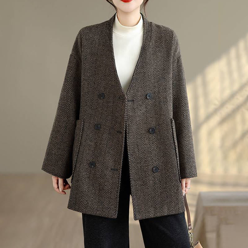 Cappotto da donna in cotone con maniche lunghe, scollo a V e strisce Buddha Stones con tasche - image 11