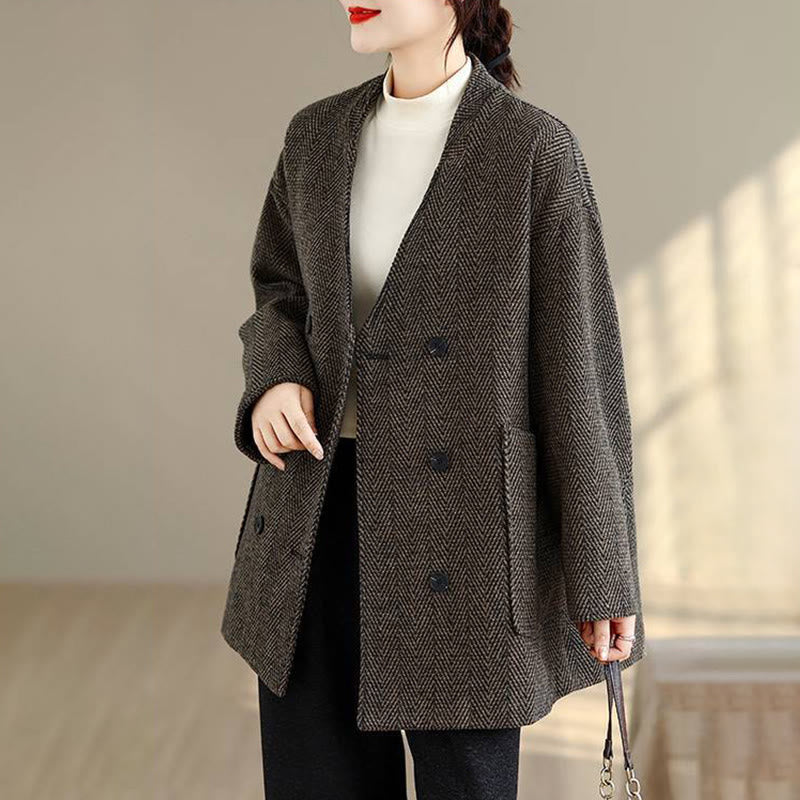 Cappotto da donna in cotone con maniche lunghe, scollo a V e strisce Buddha Stones con tasche - image 14