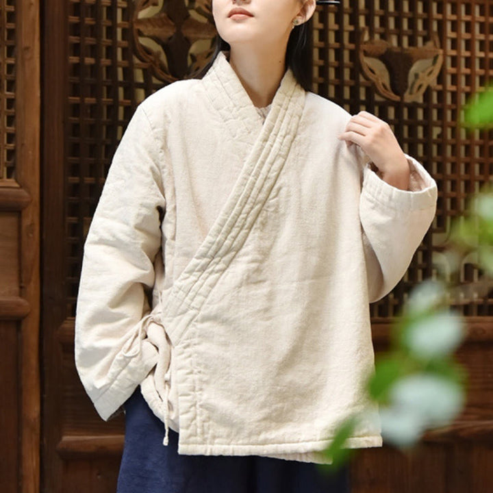 Giacca da donna in cotone spesso con collo obliquo e maniche lunghe, tinta unita, motivo Buddha Stones  - image 2