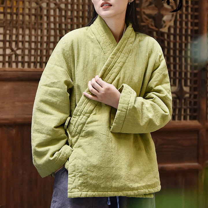 Giacca da donna in cotone spesso con collo obliquo e maniche lunghe, tinta unita, motivo Buddha Stones  - image 7