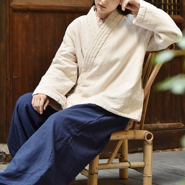 Giacca da donna in cotone spesso con collo obliquo e maniche lunghe, tinta unita, motivo Buddha Stones  - image 3