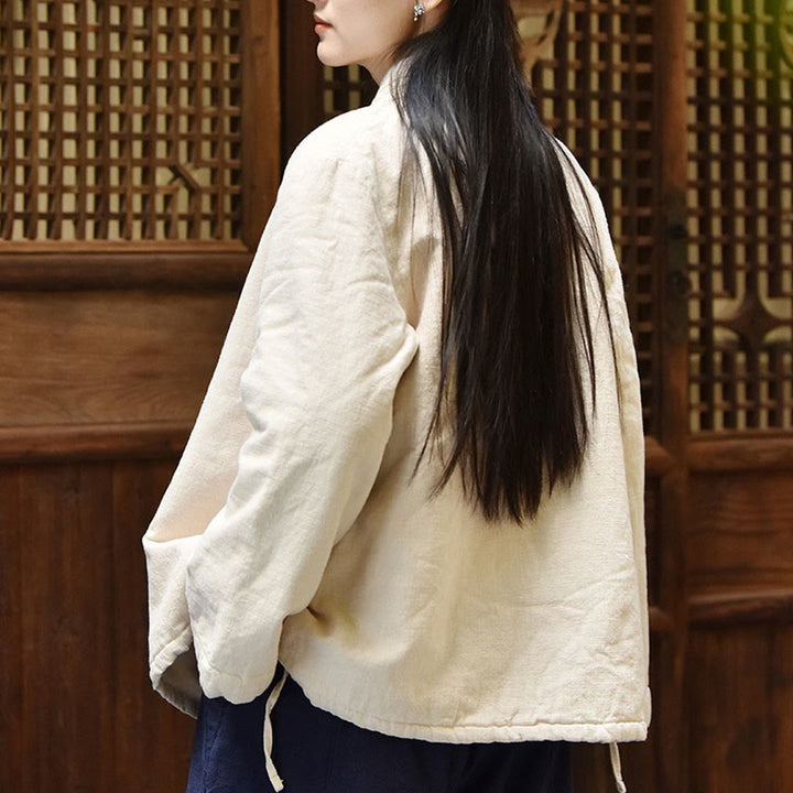 Giacca da donna in cotone spesso con collo obliquo e maniche lunghe, tinta unita, motivo Buddha Stones  - image 4