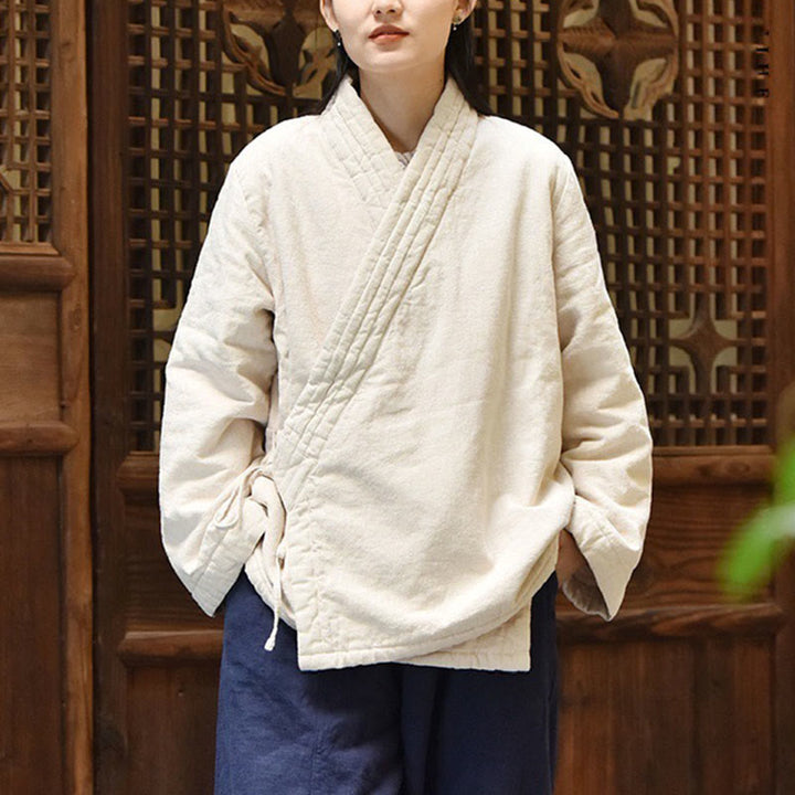 Giacca da donna in cotone spesso con collo obliquo e maniche lunghe, tinta unita, motivo Buddha Stones  - image 1