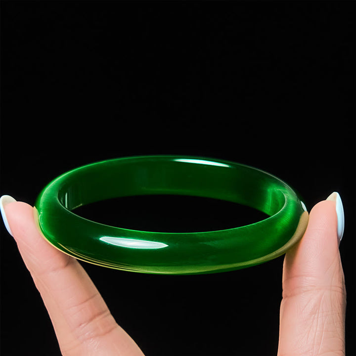 Bracciale rigido sottile con polsino in pietra verde occhio di gatto Buddha Stones, allevia lo stress e aumenta la ricchezza - Occhio di gatto verde (Fiducia ♥ Ricchezza) - 64 mm - image 0