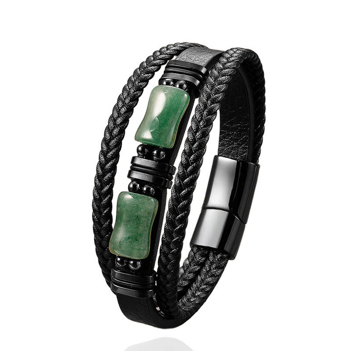 Bracciale in pelle intrecciata con Buddha Stones, avventurina verde, ametista, onice nero, cristallo rosa e positività - image 1