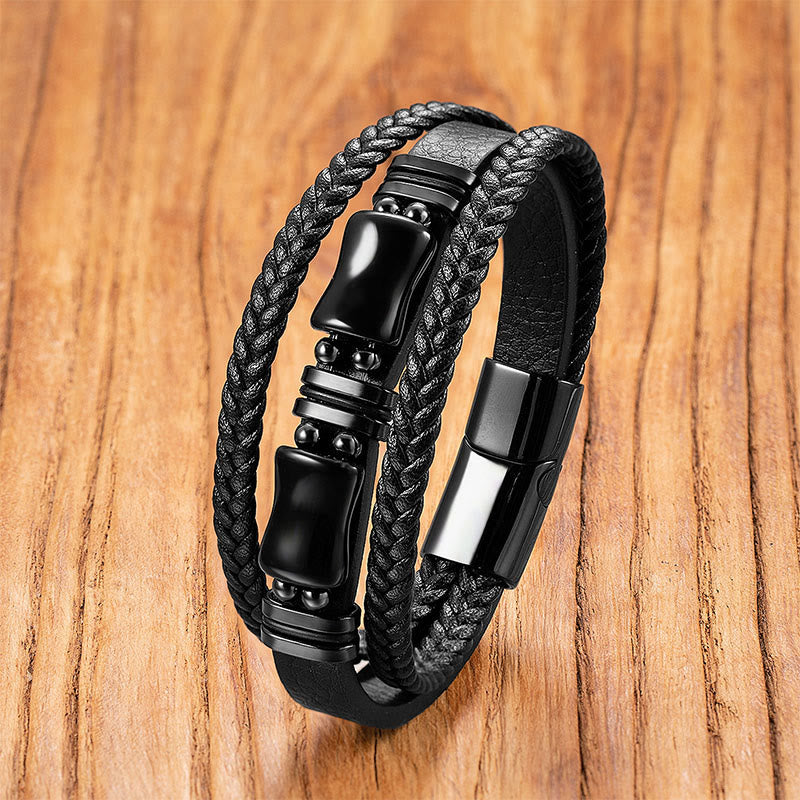 Bracciale in pelle intrecciata con Buddha Stones, avventurina verde, ametista, onice nero, cristallo rosa e positività - Onice nero - 18-22 cm - image 6