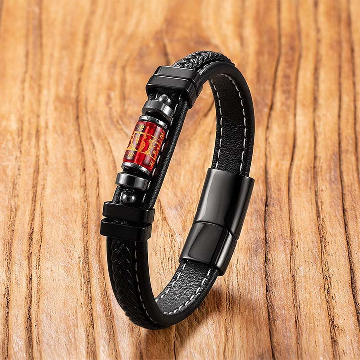 Bracciale di protezione dell'equilibrio in acciaio al titanio, pelle e onice nero con simbolo del drago , Buddha Stones Om Mani Padme Hum - Mantra Liuli Rosso - 18-22 cm - image 9