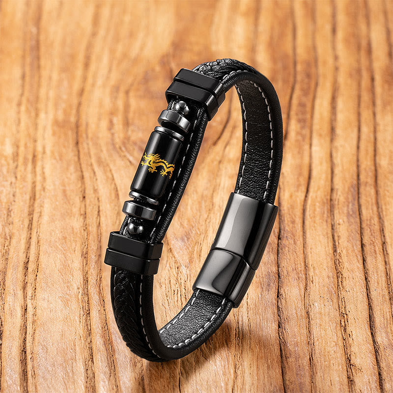 Bracciale di protezione dell'equilibrio in acciaio al titanio, pelle e onice nero con simbolo del drago , Buddha Stones Om Mani Padme Hum - Drago di onice nero - 18-22 cm - image 7