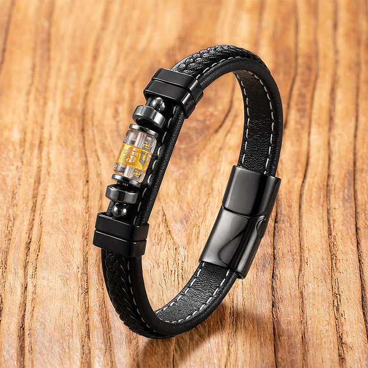 Bracciale di protezione dell'equilibrio in acciaio al titanio, pelle e onice nero con simbolo del drago , Buddha Stones Om Mani Padme Hum - Mantra Liuli Bianco - 18-22 cm - image 5