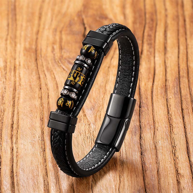 Bracciale di protezione dell'equilibrio in acciaio al titanio, pelle e onice nero con simbolo del drago , Buddha Stones Om Mani Padme Hum - Onice nero Om Mani Padme Hum, - 18-22 cm - image 0