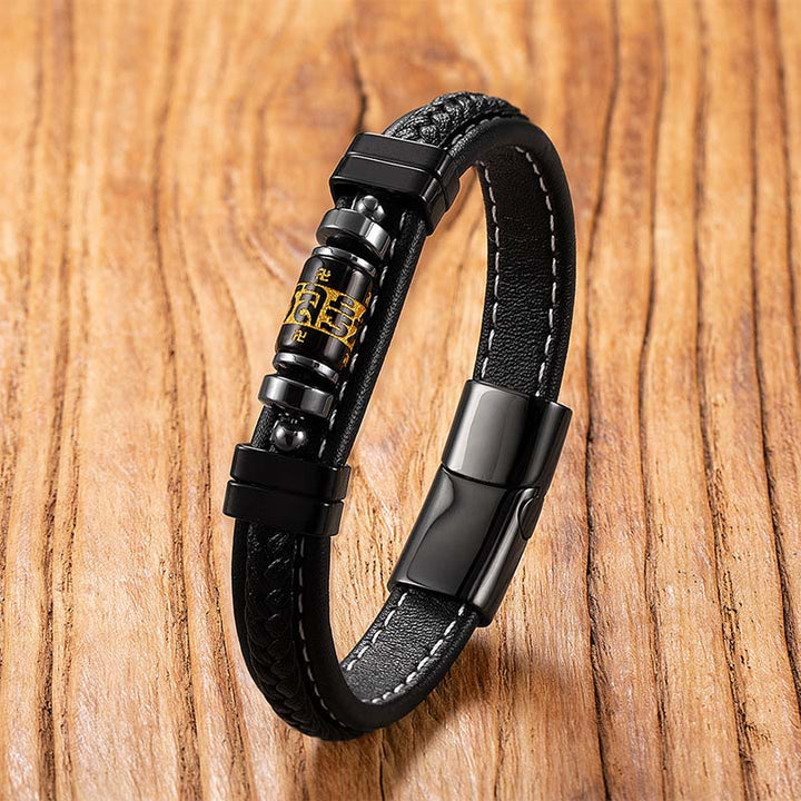 Bracciale di protezione dell'equilibrio in acciaio al titanio, pelle e onice nero con simbolo del drago , Buddha Stones Om Mani Padme Hum - Mantra dell'onice nero - 18-22 cm - image 12