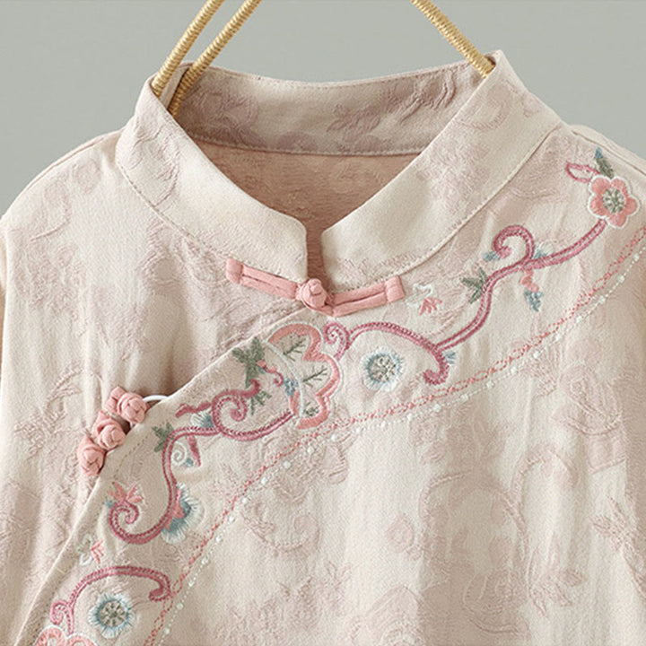 Abito midi a maniche lunghe con ricamo a motivo floreale, colletto rialzato, bottoni a rana , Buddha Stones - image 2