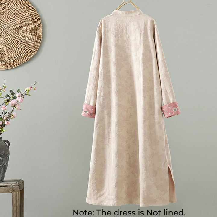 Abito midi a maniche lunghe con ricamo a motivo floreale, colletto rialzato, bottoni a rana , Buddha Stones - image 1