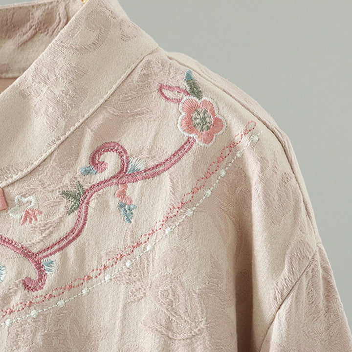 Abito midi a maniche lunghe con ricamo a motivo floreale, colletto rialzato, bottoni a rana , Buddha Stones - image 3