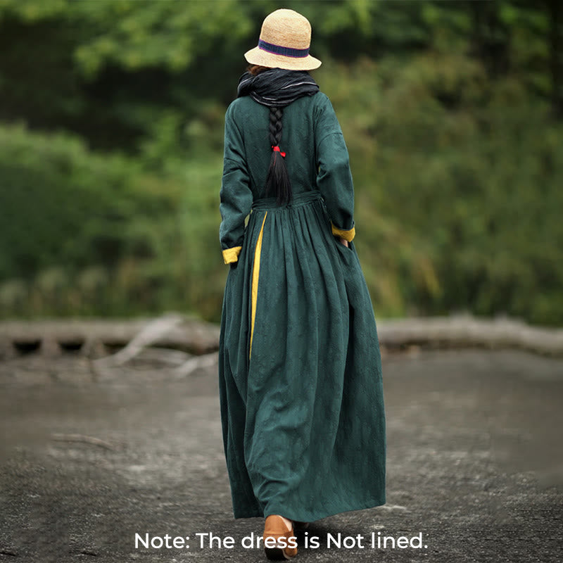 Abito midi in cotone con scollo a V, maniche lunghe, tasche e bottoni a Buddha Stones - image 1