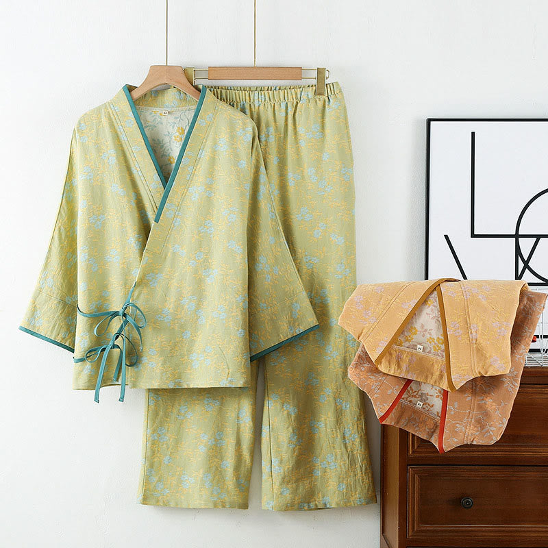 Set pigiama in cotone con maniche lunghe, pantaloni e camicia con scollo a V, motivo floreale colorato Buddha Stones, 2 pezzi, con tasche - GialloVerde - US12, UK/AU16, EU44 (XL) - image 0