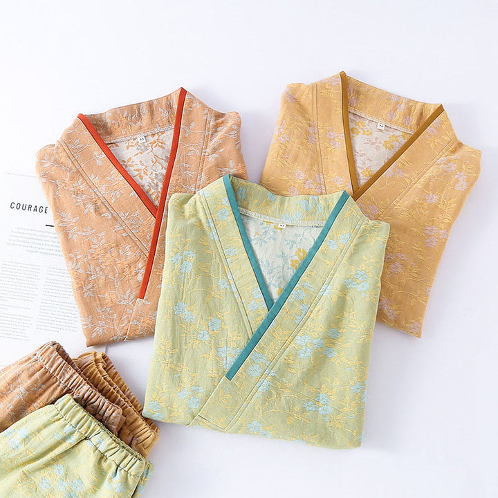 Set pigiama in cotone con maniche lunghe, pantaloni e camicia con scollo a V, motivo floreale colorato Buddha Stones, 2 pezzi, con tasche - image 14