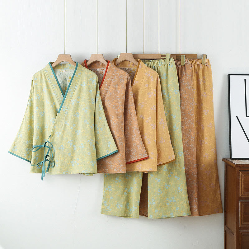 Set pigiama in cotone con maniche lunghe, pantaloni e camicia con scollo a V, motivo floreale colorato Buddha Stones, 2 pezzi, con tasche - image 13