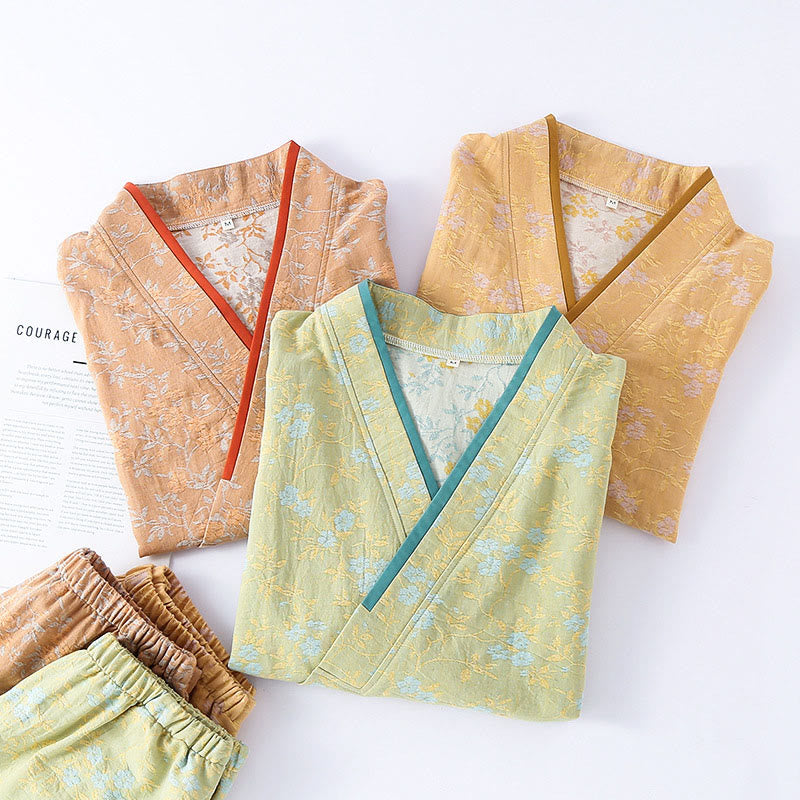 Set pigiama in cotone con maniche lunghe, pantaloni e camicia con scollo a V, motivo floreale colorato Buddha Stones, 2 pezzi, con tasche - image 14