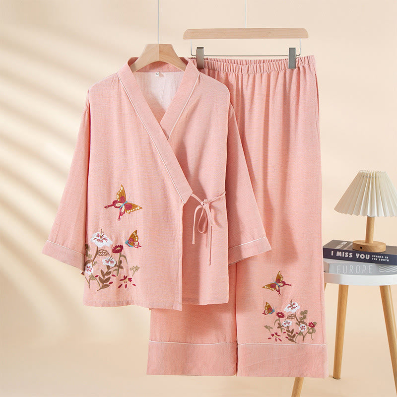 Set pigiama in cotone con scollo a V, manica lunga, pantaloni e tasche, motivo floreale colorato Buddha Stones, 2 pezzi - Rosa chiaro - US6, UK/AU10, EU38 (XL) - image 6