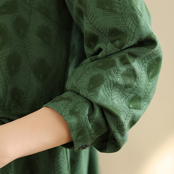 Abito midi in cotone con maniche lunghe, colletto rialzato e tasche, motivo a foglie Buddha Stones - image 6