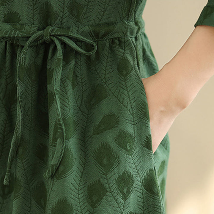 Abito midi in cotone con maniche lunghe, colletto rialzato e tasche, motivo a foglie Buddha Stones - image 8